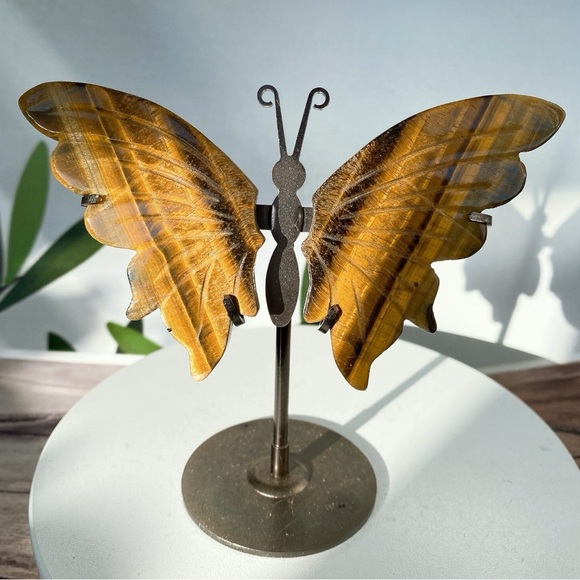 🆕New Healing Tiger Eye Butterfly Wings with Stand-Hand Carved Decor - Picture 5 of 7